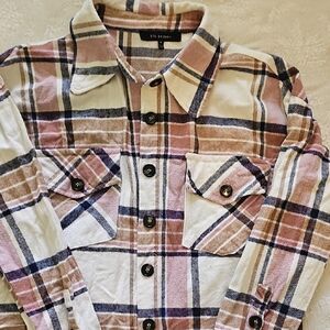 Blu Pepper Plaid Button-Up Hoodie - Pink, White, and Brown